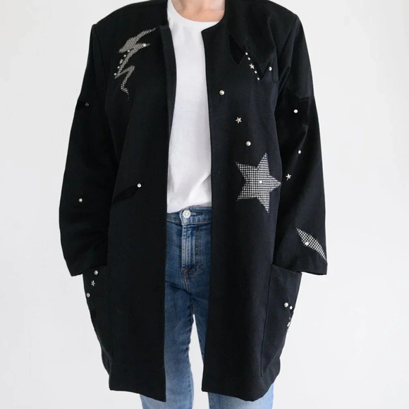 Jackets & Blazers - Vintage Eric Ryan Black "Stars  & Bolt" Design Open Face Blazer